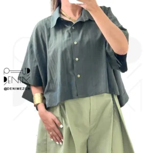 شومیز-خاتون-دنیم-مزون-سبز-تیره-تن-خور-مدل