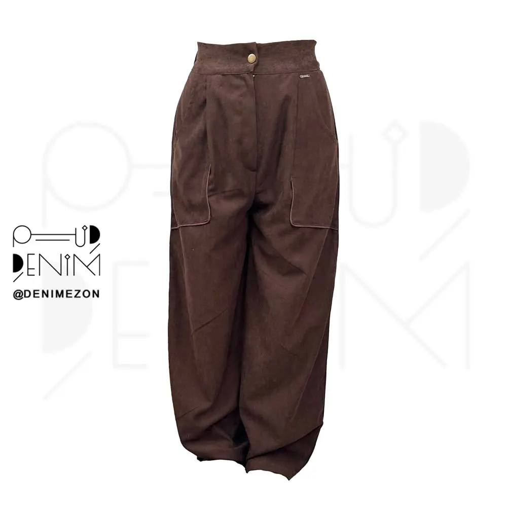 شلوار کتان مخملی آموتیا قهوه ایl دنیم مزون نمای پشت - مانا دنیم